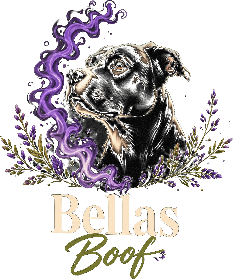 Bellas Boof emblem — Bella the dog with lavender and smoke