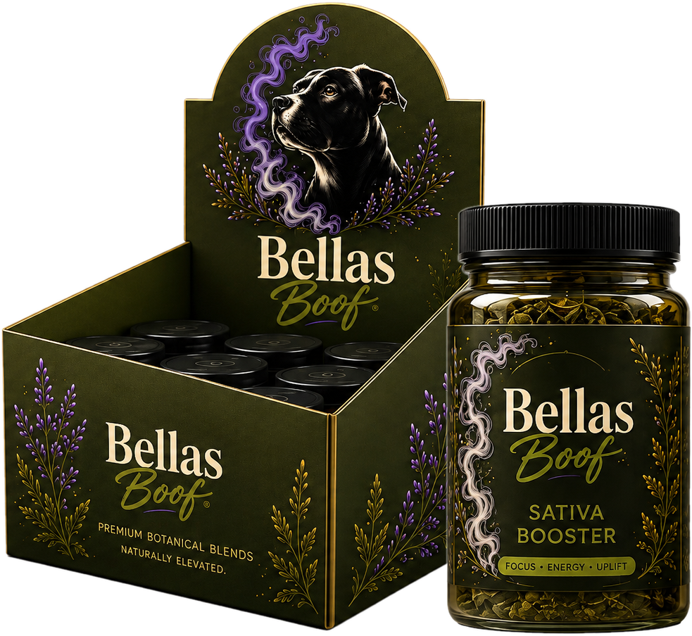 Bellas Boof olive green display box with a Sativa Booster jar, lavender sprigs and drifting smoke